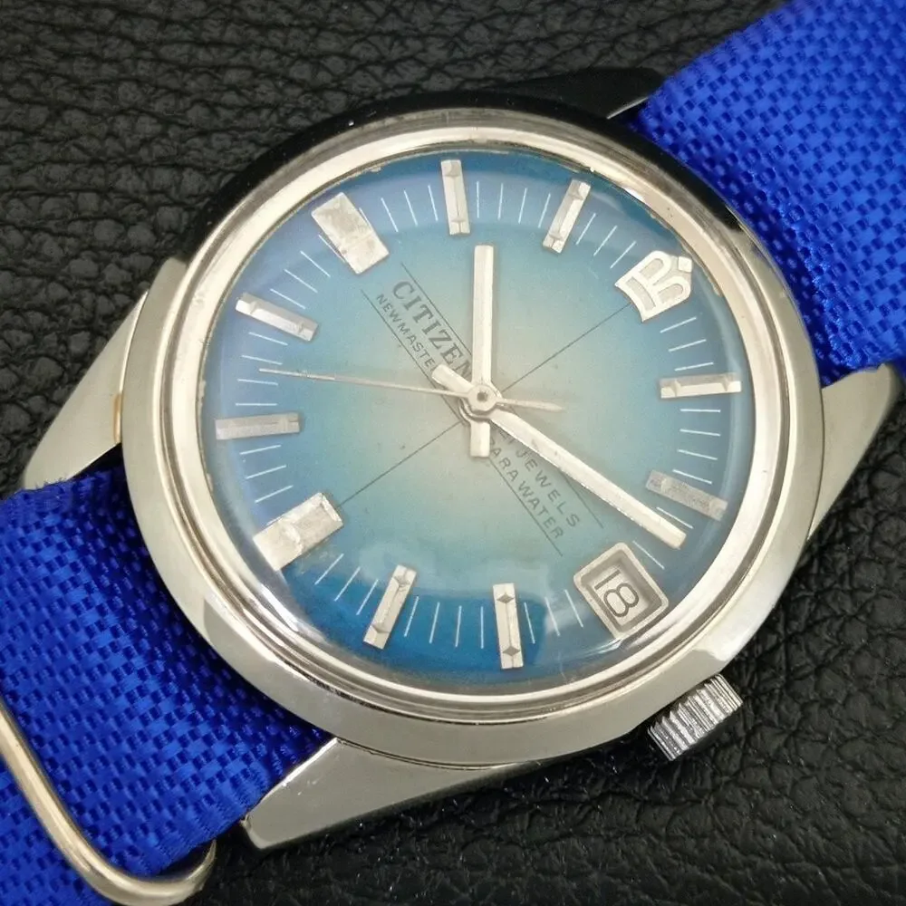 Vintage 1981 Citizen Manual Wound Mens Silver Watch W/Date & Teal accents